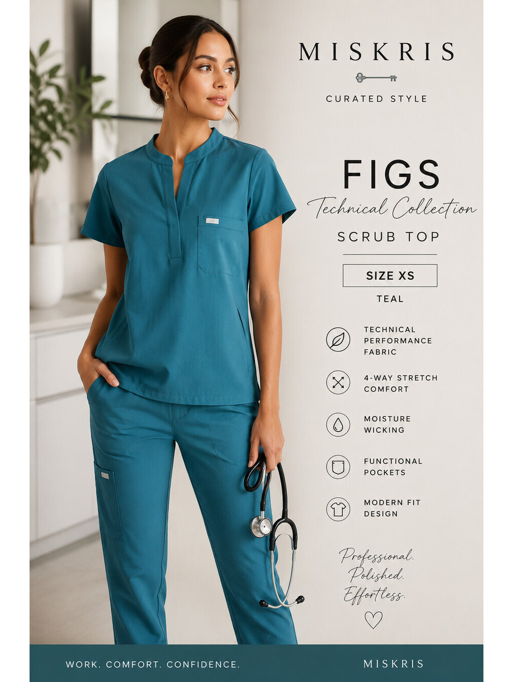 FIGS Technical Collection Scrub Top XS Teal Slim Mandarin Collar NWOT